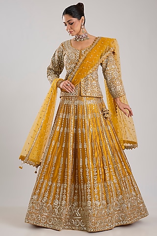 Yellow Slub Silk Embroidered Lehenga Set by Suhino