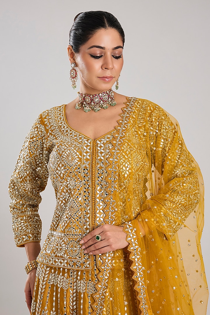 Yellow Slub Silk Embroidered Wedding Lehenga Set by Suhino at Pernia's Pop Up Shop
