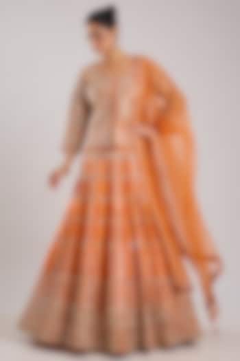 Rust Slub Silk Embroidered Wedding Lehenga Set by Suhino at Pernia's Pop Up Shop