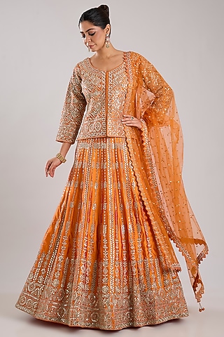 Rust Slub Silk Embroidered Lehenga Set by Suhino