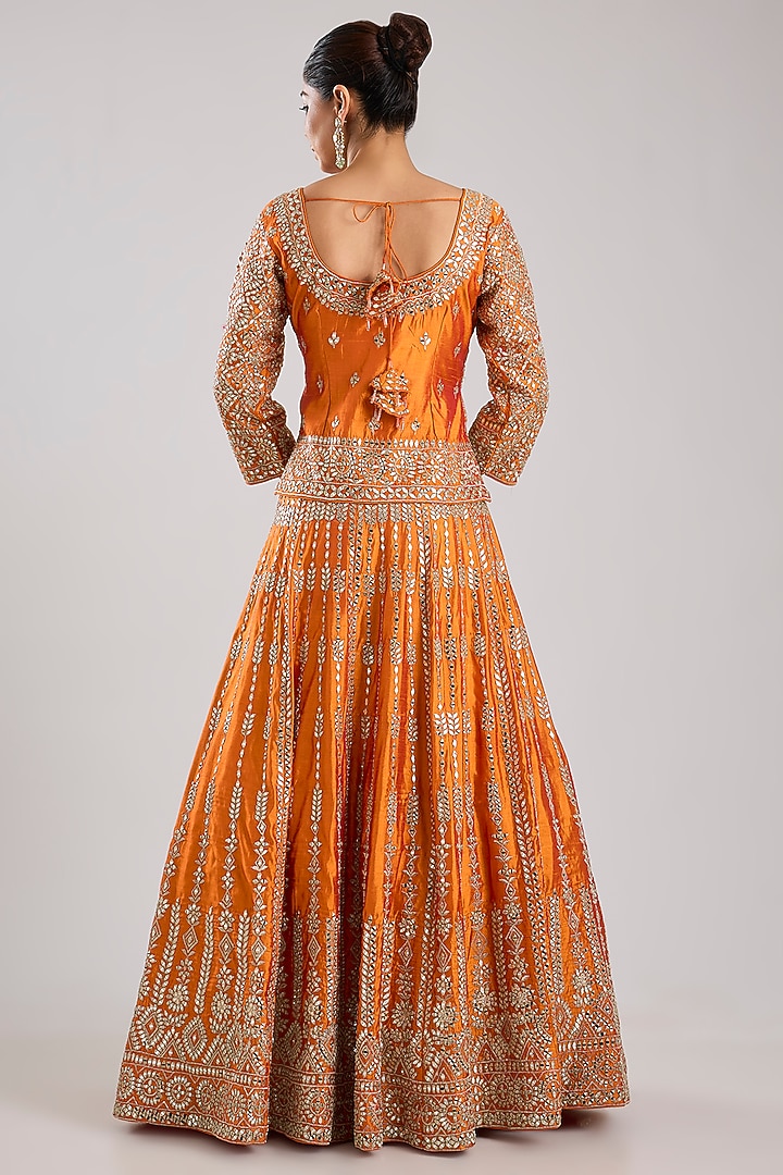 Rust Slub Silk Embroidered Wedding Lehenga Set by Suhino at Pernia's Pop Up Shop