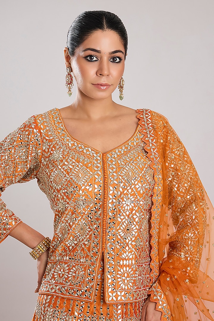 Rust Slub Silk Embroidered Wedding Lehenga Set by Suhino at Pernia's Pop Up Shop