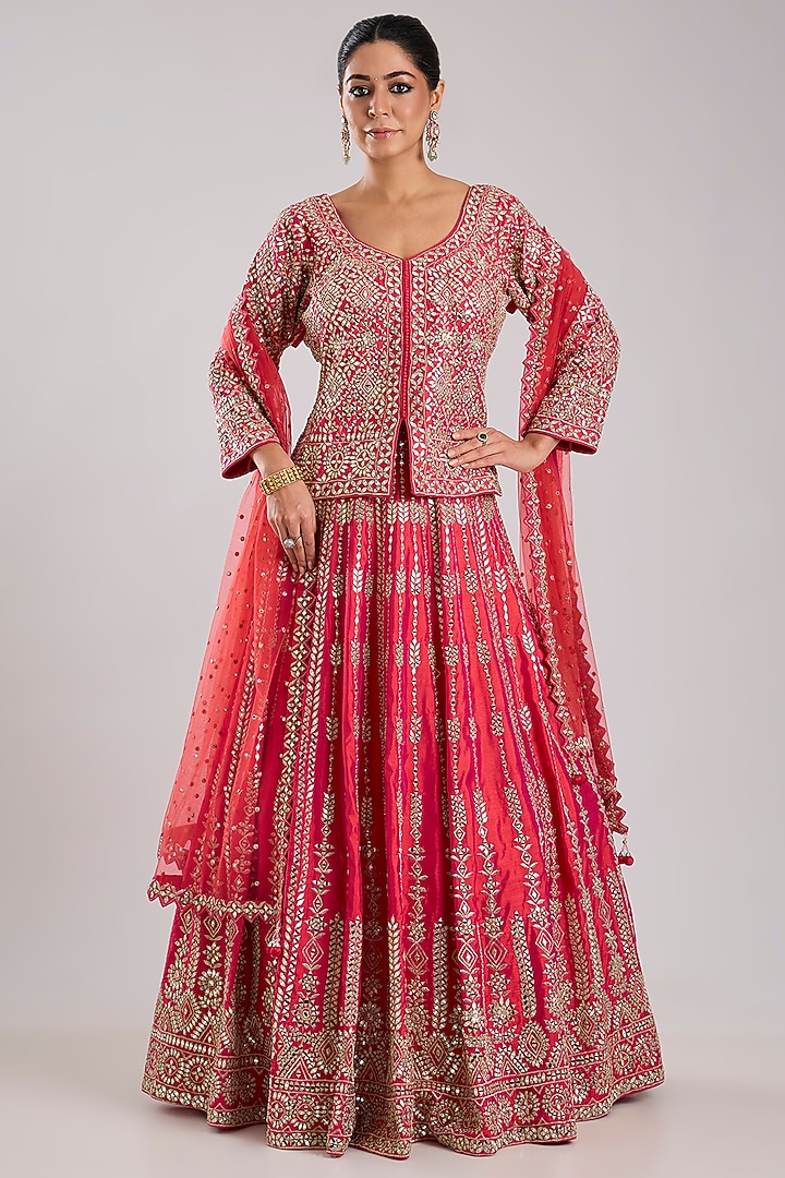 Pink Slub Silk Embroidered Wedding Lehenga Set by Suhino at Pernia's Pop Up Shop
