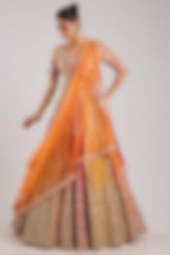 Orange Slub Silk Embroidered Wedding Lehenga Set by Suhino at Pernia's Pop Up Shop