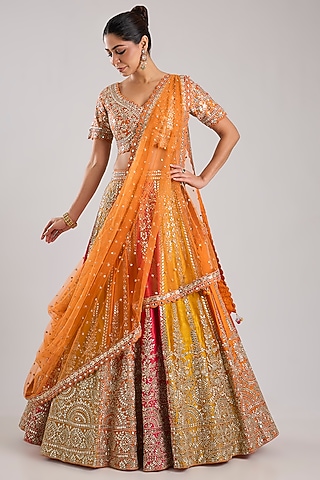 Orange Slub Silk Embroidered Lehenga Set by Suhino