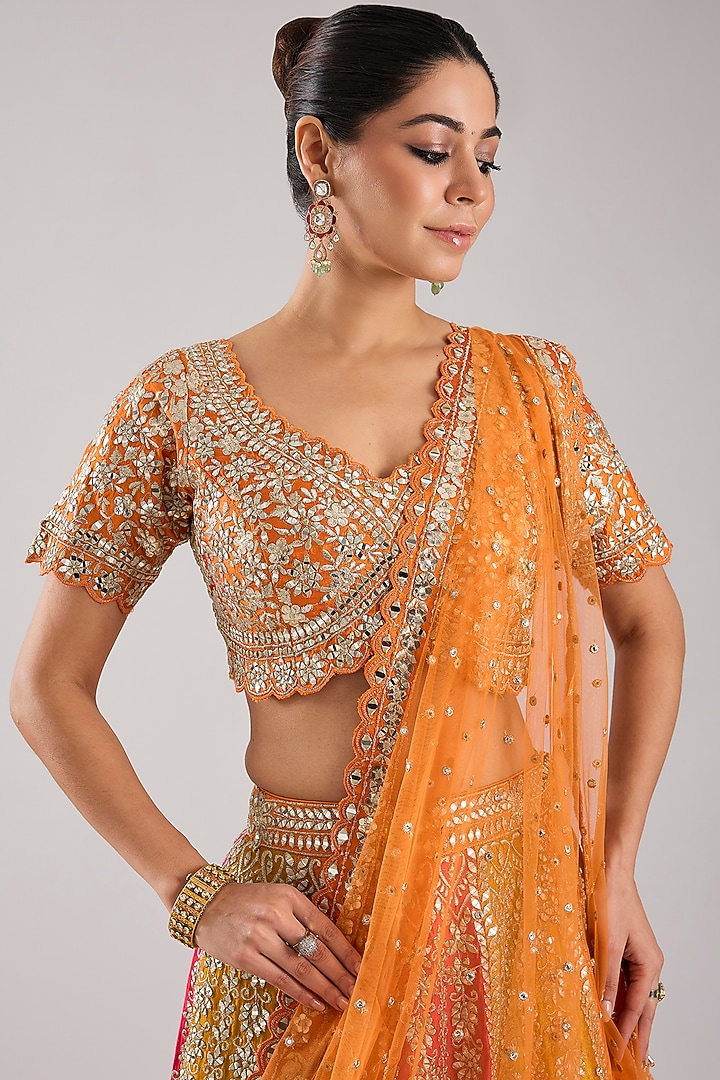 Orange Slub Silk Embroidered Wedding Lehenga Set by Suhino at Pernia's Pop Up Shop