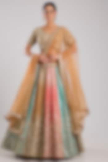 Orange Slub Silk Embroidered Wedding Lehenga Set by Suhino at Pernia's Pop Up Shop