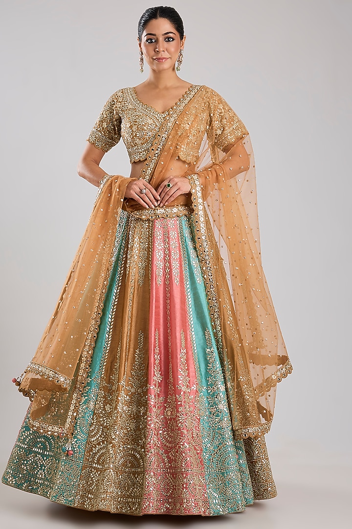 Orange Slub Silk Embroidered Wedding Lehenga Set by Suhino at Pernia's Pop Up Shop