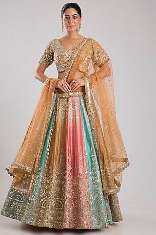 Orange Slub Silk Embroidered Lehenga Set by Suhino