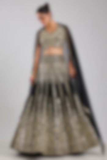Black Slub Silk Embroidered Wedding Lehenga Set by Suhino at Pernia's Pop Up Shop