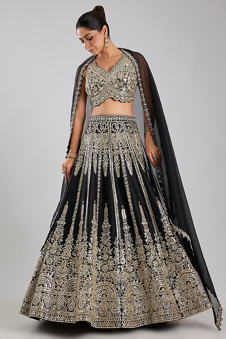 Black Slub Silk Embroidered Wedding Lehenga Set by Suhino at Pernia's Pop Up Shop