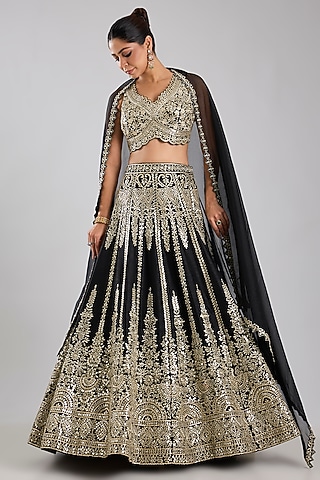 Black Slub Silk Embroidered Lehenga Set by Suhino