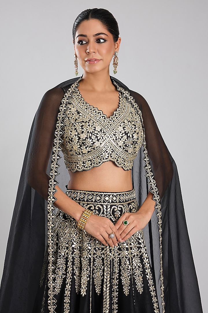 Black Slub Silk Embroidered Wedding Lehenga Set by Suhino at Pernia's Pop Up Shop