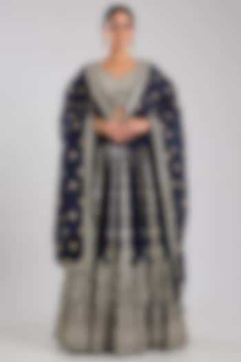 Navy Blue Slub Silk Embroidered Wedding Lehenga Set by Suhino at Pernia's Pop Up Shop