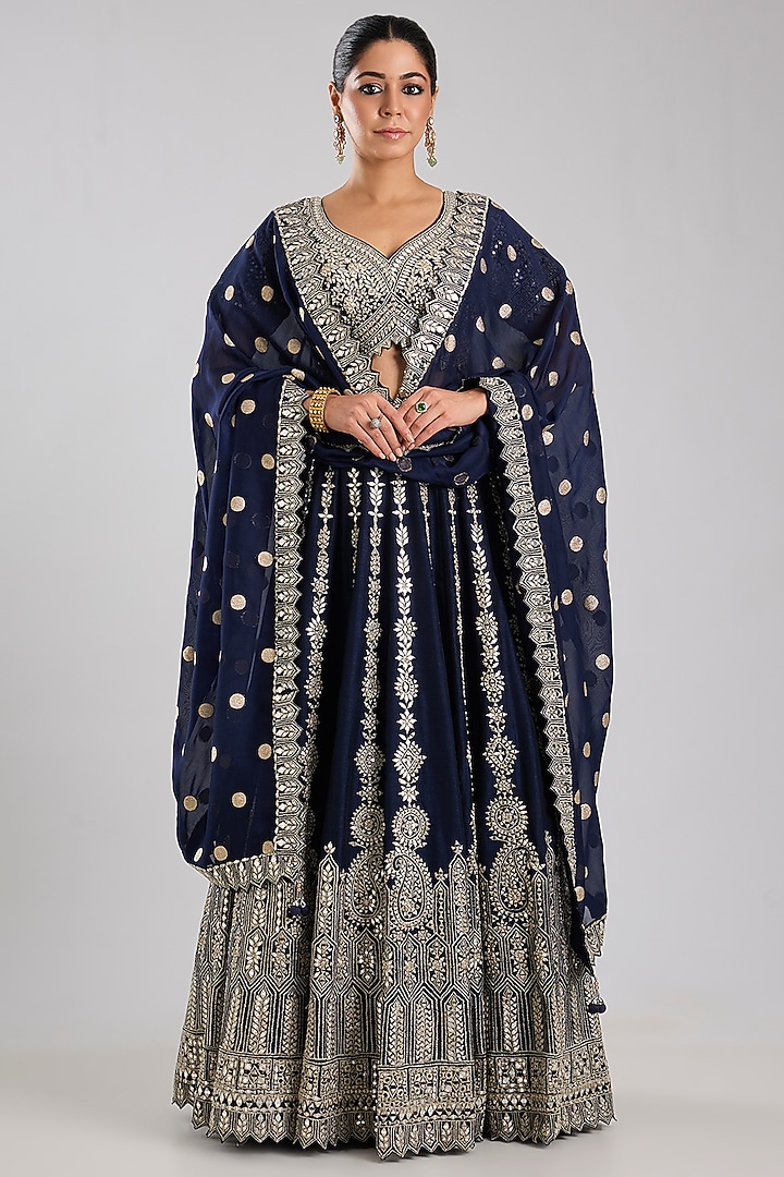 Navy Blue Slub Silk Embroidered Wedding Lehenga Set by Suhino at Pernia's Pop Up Shop