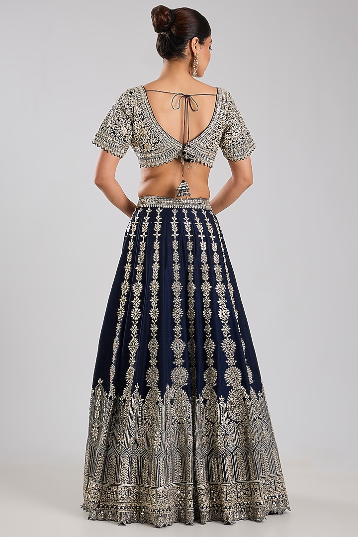 Navy Blue Slub Silk Embroidered Wedding Lehenga Set by Suhino at Pernia's Pop Up Shop