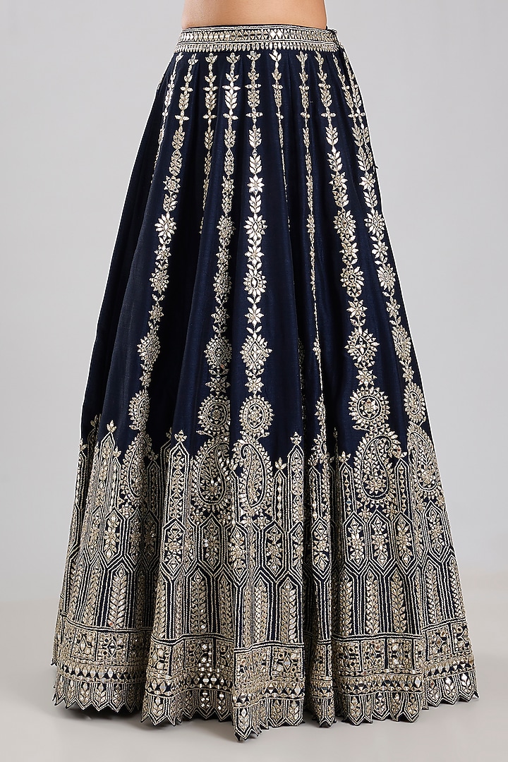 Navy Blue Slub Silk Embroidered Wedding Lehenga Set by Suhino at Pernia's Pop Up Shop