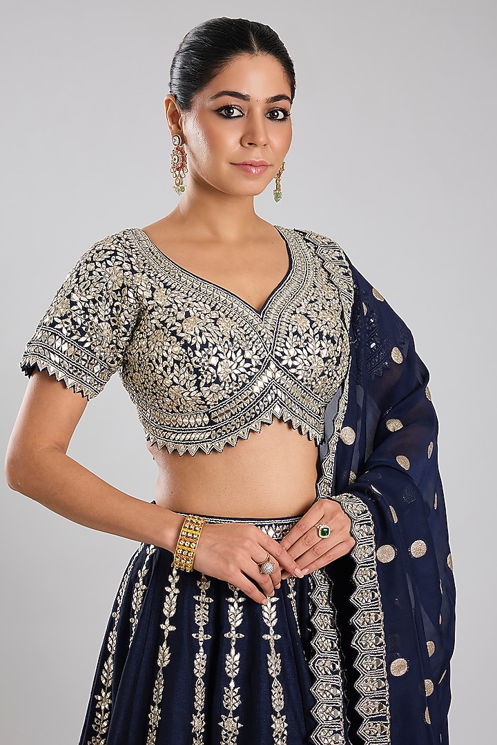 Navy Blue Slub Silk Embroidered Wedding Lehenga Set by Suhino at Pernia's Pop Up Shop