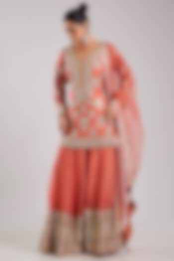 Coral Tissue Embroidered Wedding Sharara Set by Suhino at Pernia's Pop Up Shop