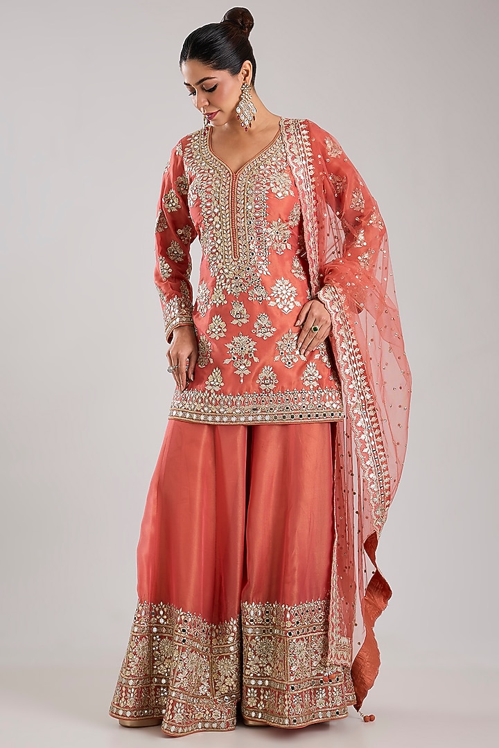 Coral Tissue Embroidered Wedding Sharara Set by Suhino at Pernia's Pop Up Shop