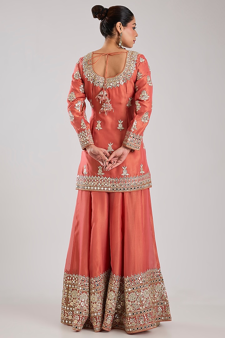 Coral Tissue Embroidered Wedding Sharara Set by Suhino at Pernia's Pop Up Shop