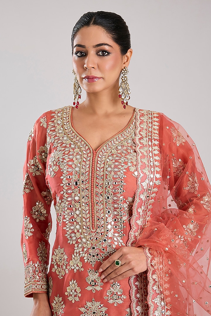 Coral Tissue Embroidered Wedding Sharara Set by Suhino at Pernia's Pop Up Shop