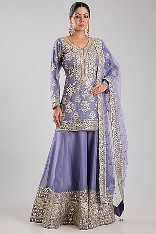 Purple Tissue Embroidered Sharara Set by Suhino
