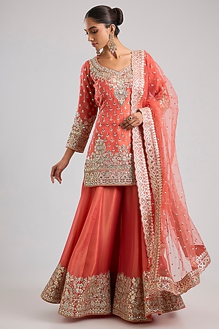 Coral Tissue Gota & Mirror Embroidered Sharara Set by Suhino