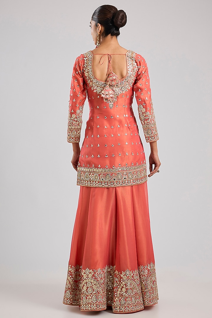 Coral Tissue Gota & Mirror Embroidered Wedding Sharara Set by Suhino at Pernia's Pop Up Shop