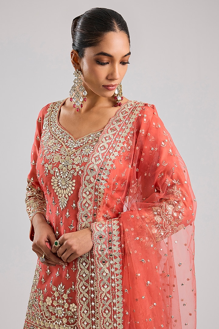 Coral Tissue Gota & Mirror Embroidered Wedding Sharara Set by Suhino at Pernia's Pop Up Shop