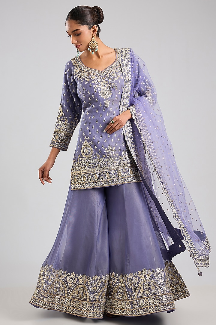 Purple Tissue Gota & Mirror Embroidered Wedding Sharara Set by Suhino at Pernia's Pop Up Shop