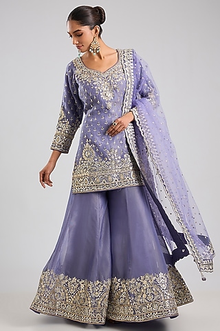 Purple Tissue Gota & Mirror Embroidered Sharara Set by Suhino