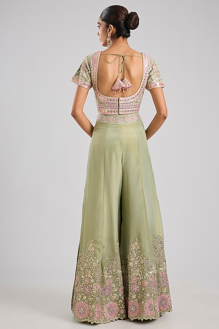 Green Tissue Mirror Embroidered Wedding Sharara Set by Suhino at Pernia's Pop Up Shop