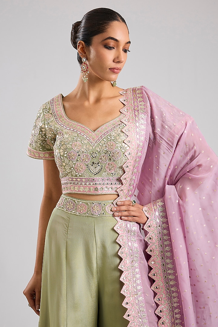Green Tissue Mirror Embroidered Wedding Sharara Set by Suhino at Pernia's Pop Up Shop