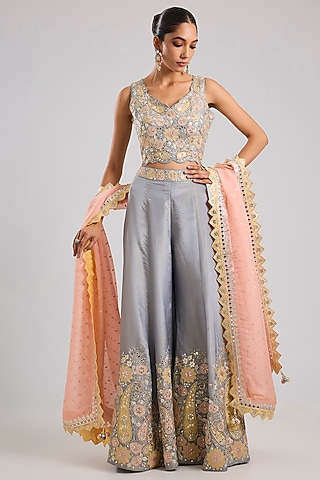 Grey Tissue Mirror Embroidered Sharara Set by Suhino