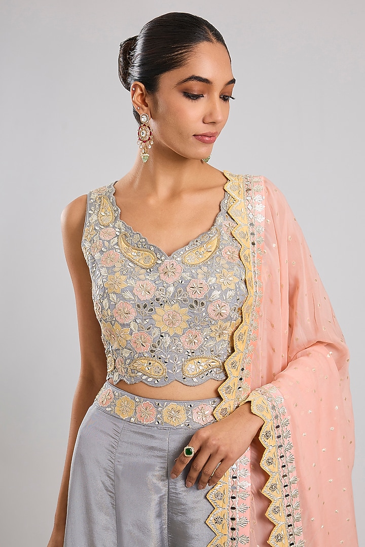Grey Tissue Mirror Embroidered Wedding Sharara Set by Suhino at Pernia's Pop Up Shop