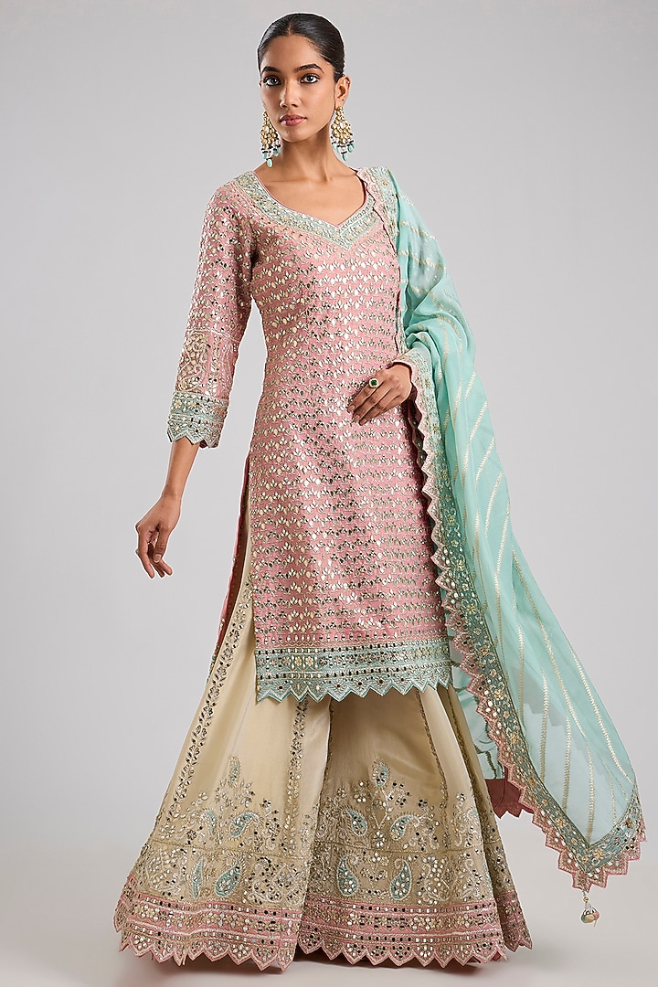 Pink Tissue Patch & Mirror Embroidered Wedding Sharara Set by Suhino at Pernia's Pop Up Shop