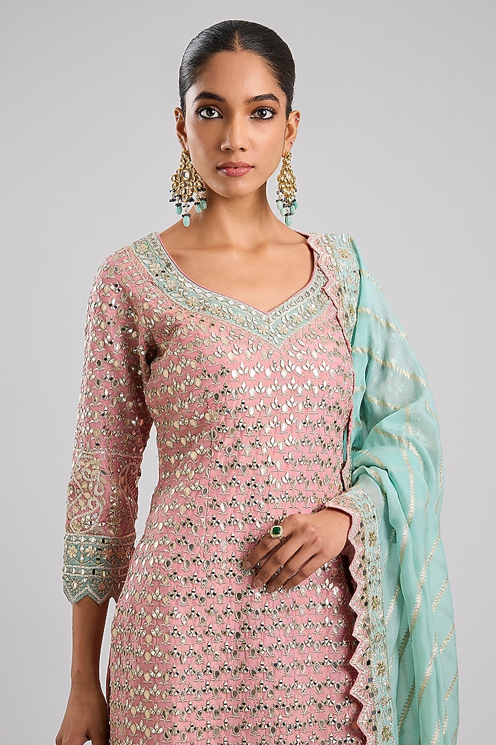 Pink Tissue Patch & Mirror Embroidered Wedding Sharara Set by Suhino at Pernia's Pop Up Shop