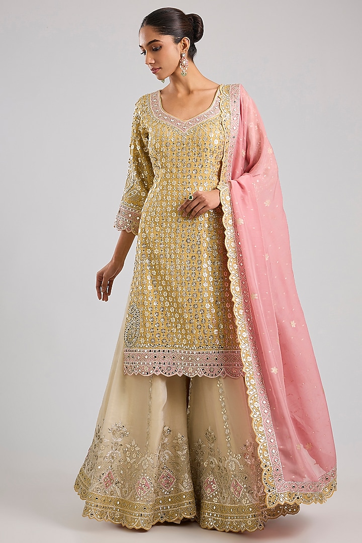 Yellow Tissue Patch & Mirror Embroidered Wedding Sharara Set by Suhino at Pernia's Pop Up Shop