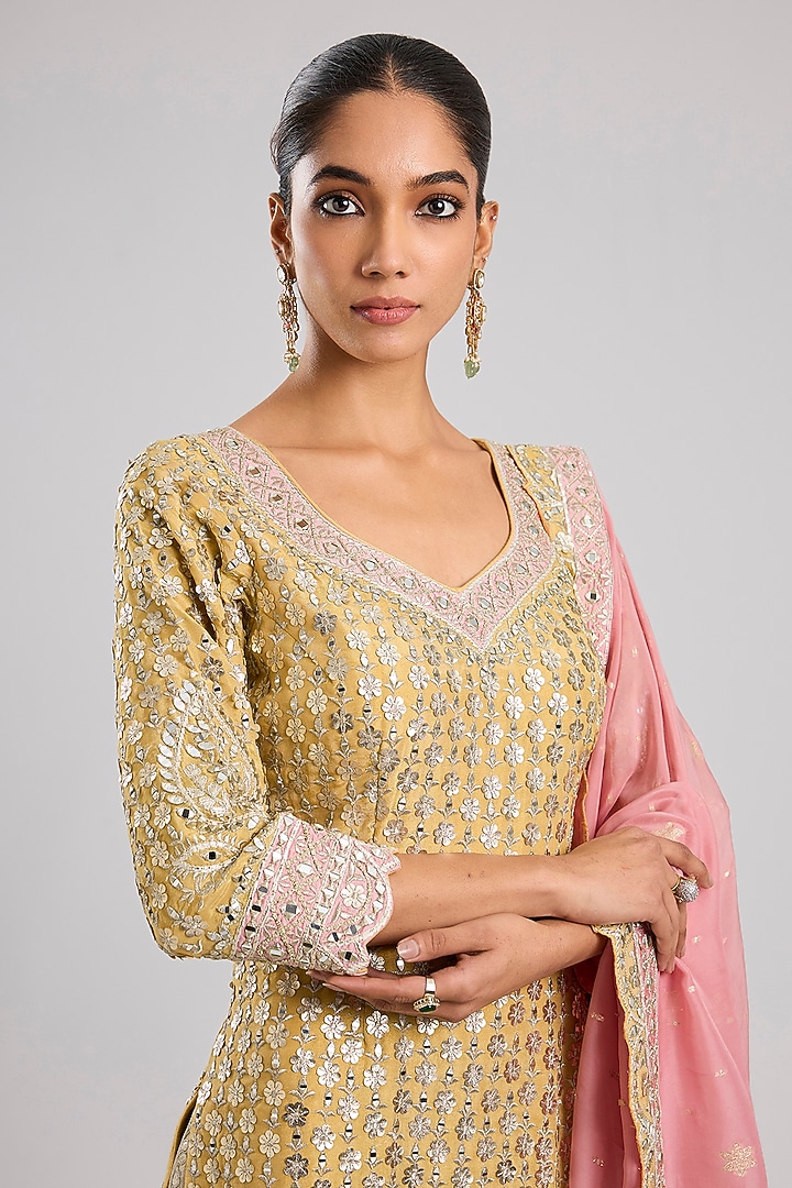 Yellow Tissue Patch & Mirror Embroidered Wedding Sharara Set by Suhino at Pernia's Pop Up Shop