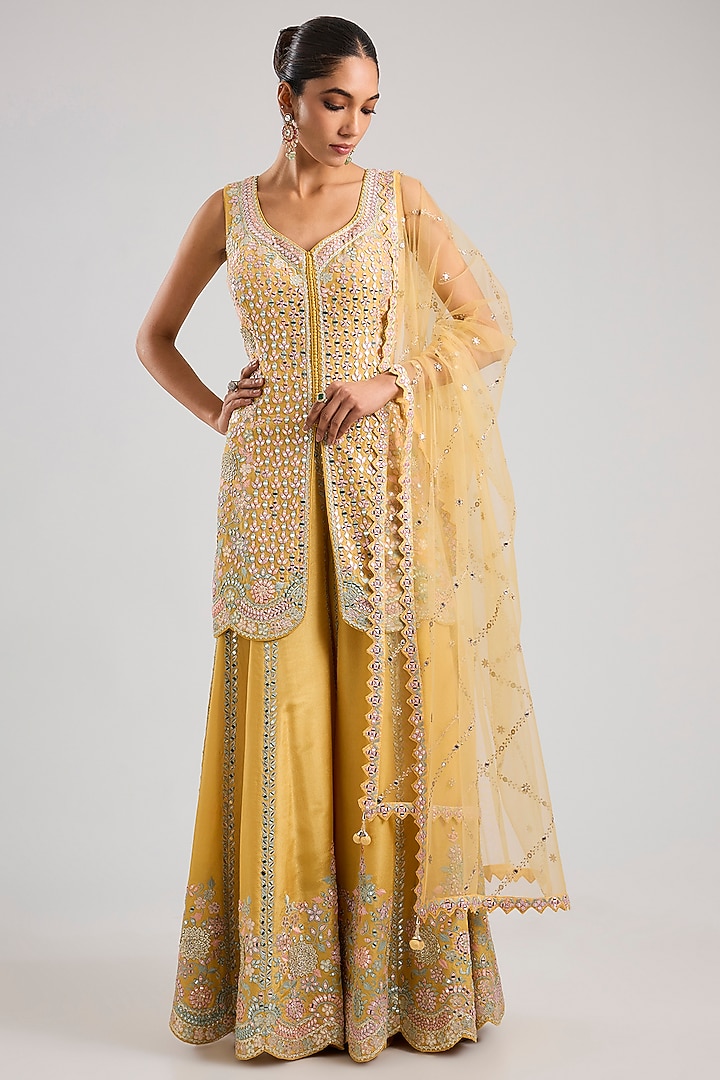 Yellow Tissue Resham & Mirror Embroidered Wedding Sharara Set by Suhino at Pernia's Pop Up Shop