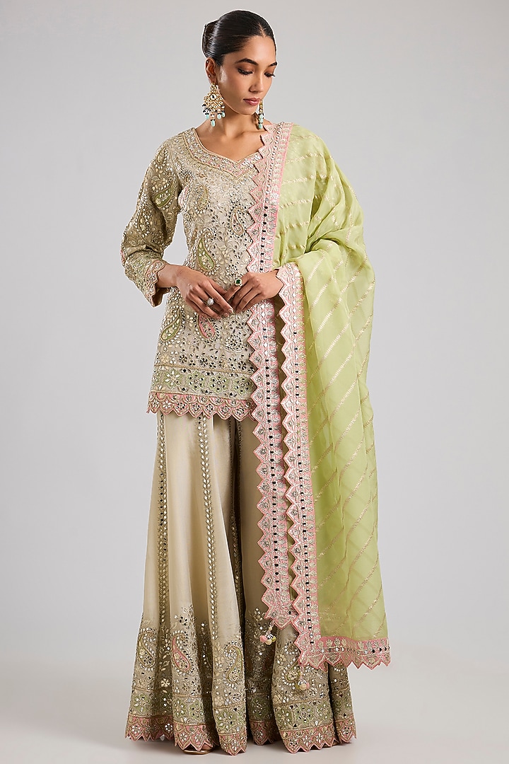 Ivory Tissue Patch & Mirror Embroidered Wedding Sharara Set by Suhino at Pernia's Pop Up Shop