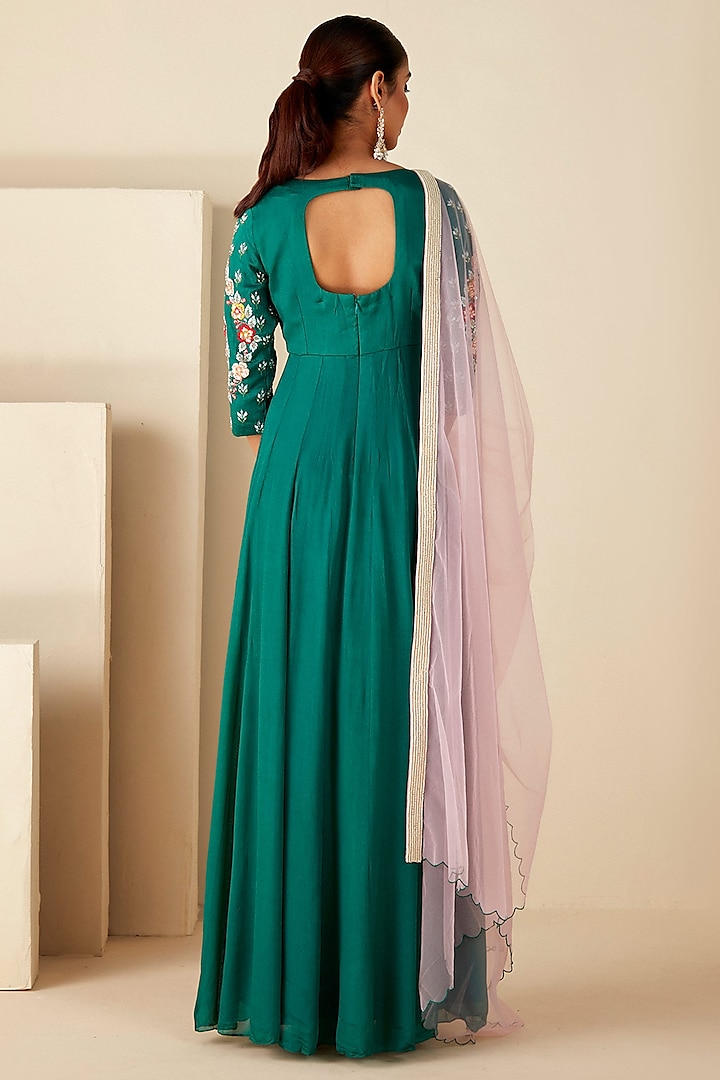 Green Georgette Crepe & Net Thread Work Wedding Anarkali Set by Suruchi Parakh at Pernia's Pop Up Shop