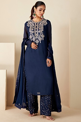 Navy Blue Georgette Crepe Handwork Kurta Set by Suruchi Parakh
