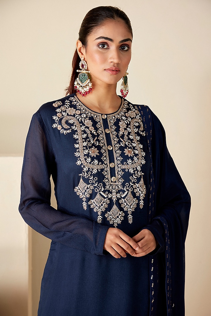Navy Blue Georgette Crepe Handwork Kurta Set by Suruchi Parakh at Pernia's Pop Up Shop
