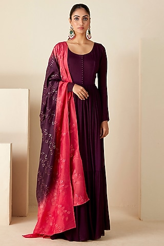 Wine Georgette Crepe Anarkali Set by Suruchi Parakh