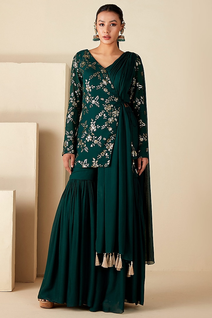 Green Georgette Crepe Wedding Sharara Set by Suruchi Parakh at Pernia's Pop Up Shop