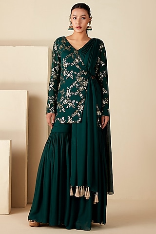 Green Georgette Crepe Sharara Set by Suruchi Parakh
