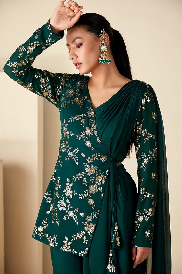 Green Georgette Crepe Wedding Sharara Set by Suruchi Parakh at Pernia's Pop Up Shop
