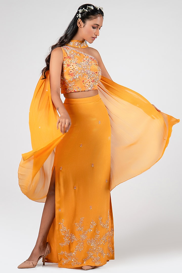 Mustard Georgette Crepe Skirt Set by Suruchi Parakh at Pernia's Pop Up Shop